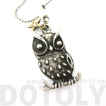 Detailed Owl On A Branch Bird Shaped Pendant Necklace in Silver