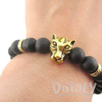 Detailed Tiger Face Charm Adjustable Length Black Beaded Bracelet