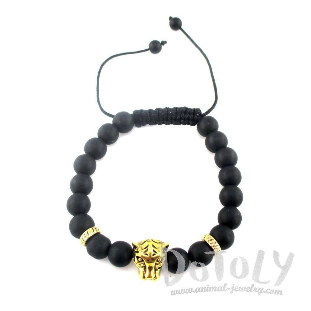 Detailed Tiger Face Charm Adjustable Length Black Beaded Bracelet