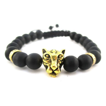 Detailed Tiger Face Charm Adjustable Length Black Beaded Bracelet