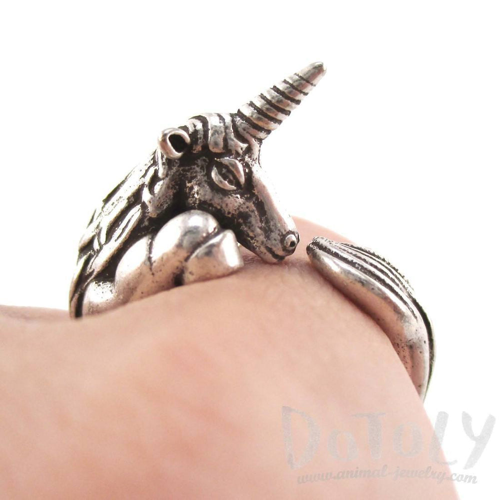 Detailed Unicorn Animal Hugging Your Finger Shaped Ring in Silver