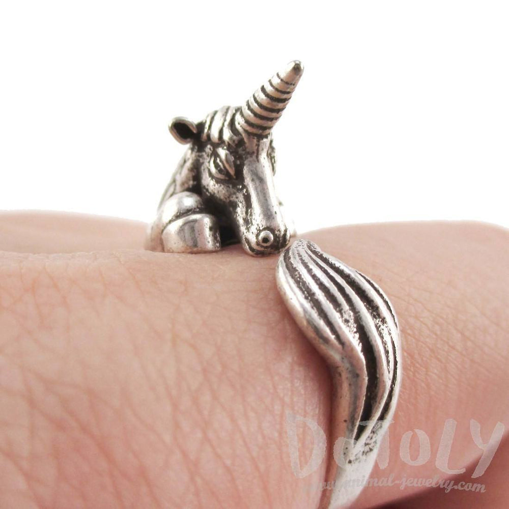 Detailed Unicorn Animal Hugging Your Finger Shaped Ring in Silver