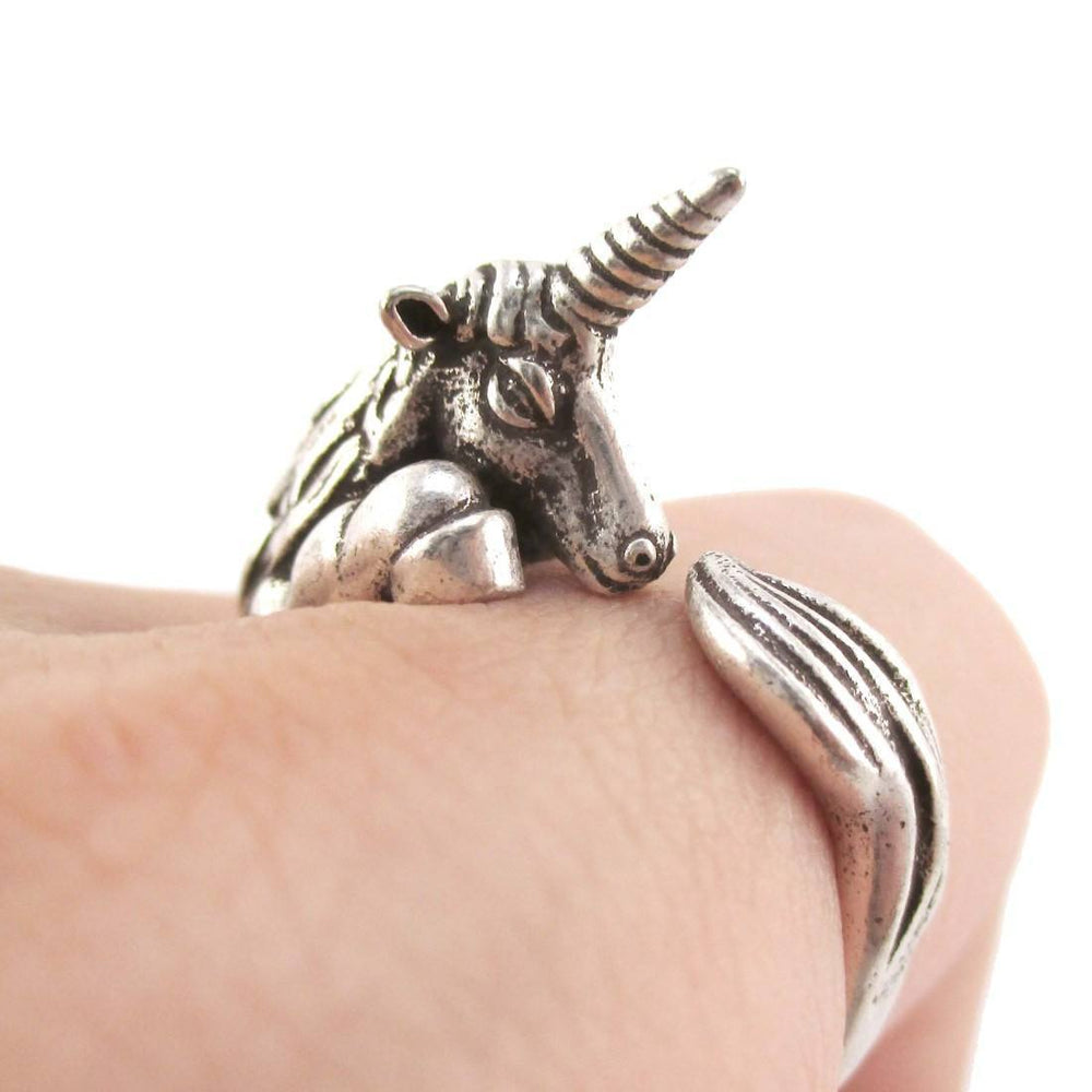 Detailed Unicorn Animal Hugging Your Finger Shaped Ring in Silver