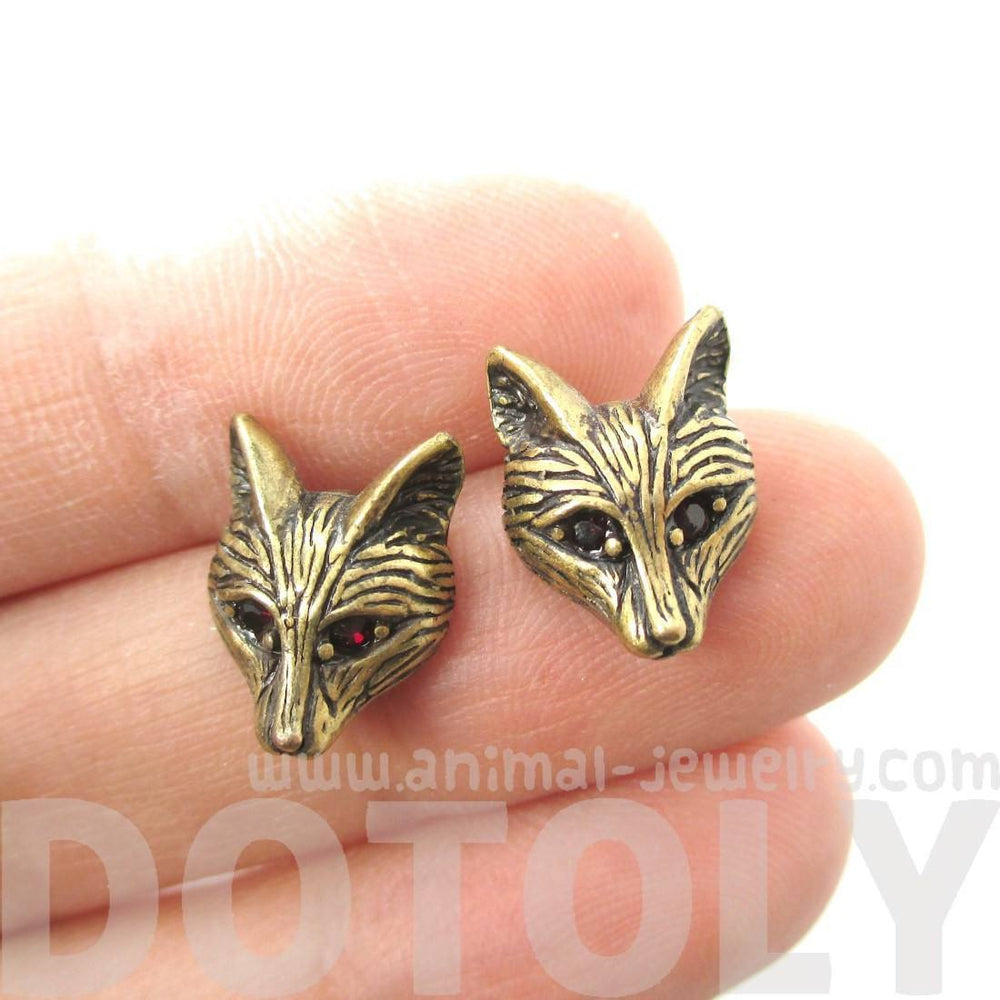 Detailed Wolf Fox Face Shaped Stud Earrings in Brass with Rhinestones