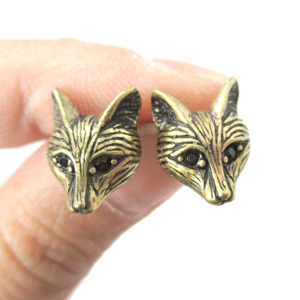 Detailed Wolf Fox Face Shaped Stud Earrings in Brass with Rhinestones