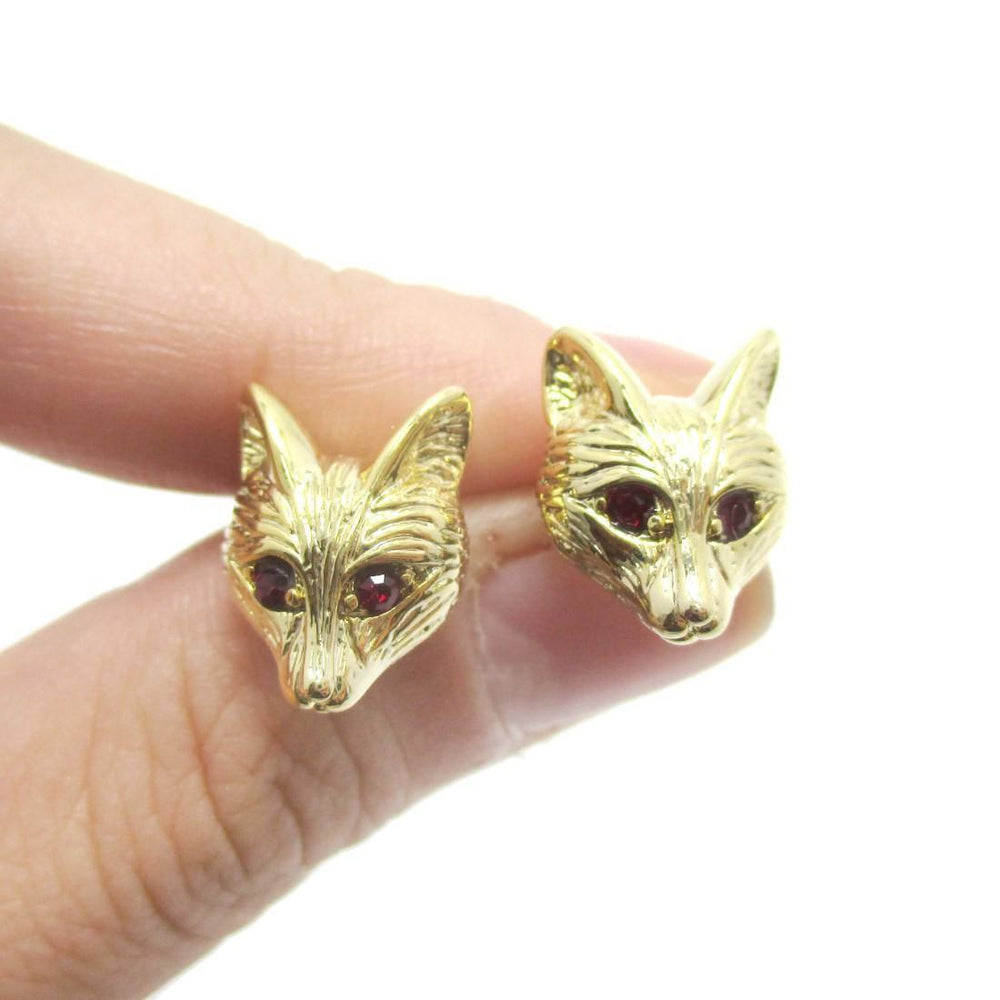 Detailed Wolf Fox Face Shaped Stud Earrings in Gold