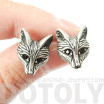 Detailed Wolf Fox Face Shaped Stud Earrings in Silver with Rhinestones