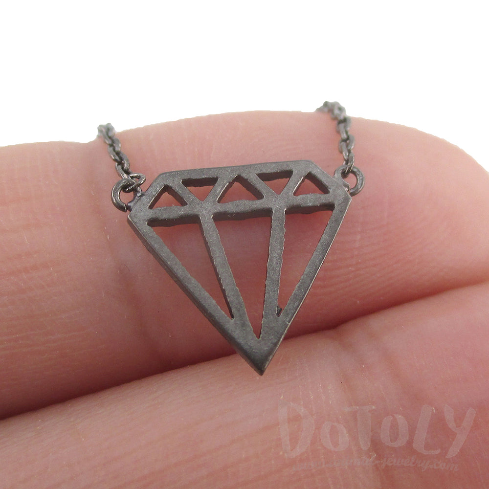 Diamond Dye Cut Outline Shaped Pendant Necklace in Gunmetal Silver