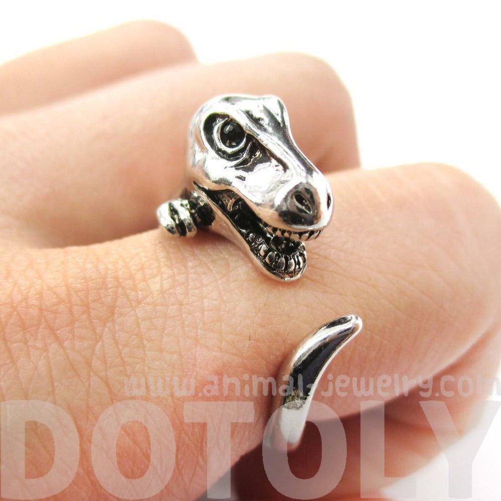 Dinosaur T-Rex Prehistoric Animal Wrap Around Hug Ring in Shiny Silver