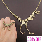 Dinosaur Themed T-Rex Fossil Skeleton Ring and Necklace Set in Gold