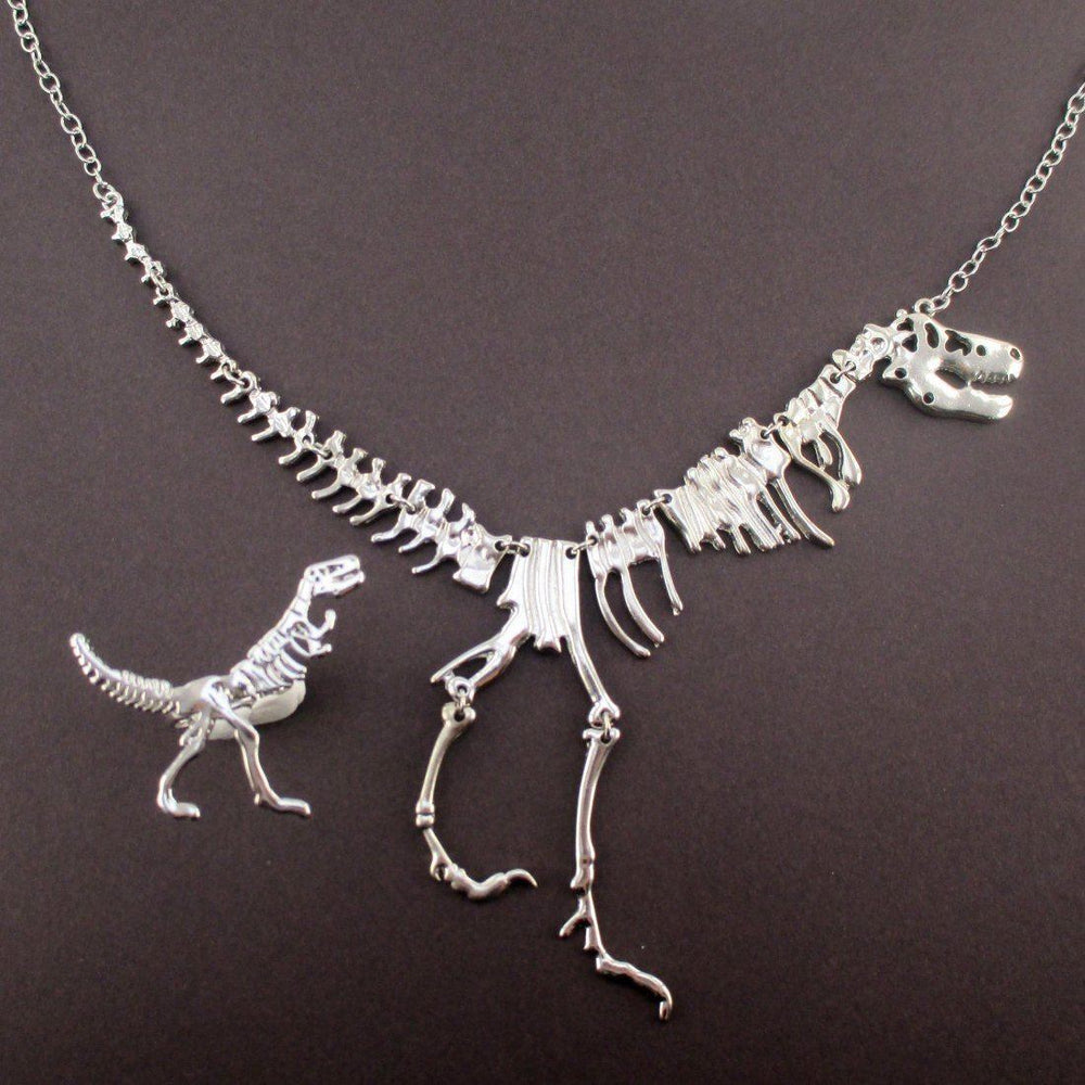 Dinosaur Themed T-Rex Fossil Skeleton Ring and Necklace Set in Silver