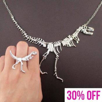 Dinosaur Themed T-Rex Fossil Skeleton Ring and Necklace Set in Silver