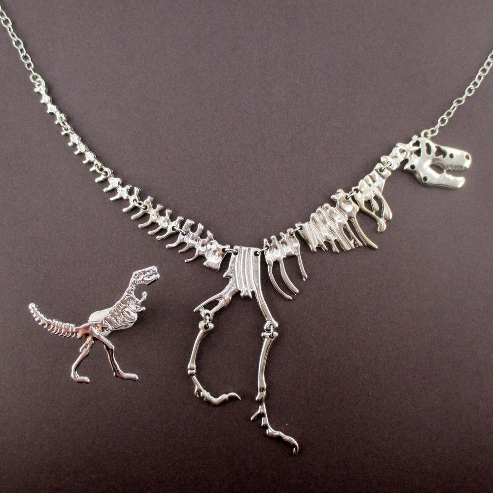 Dinosaur Themed T-Rex Fossil Skeleton Ring and Necklace Set in Silver