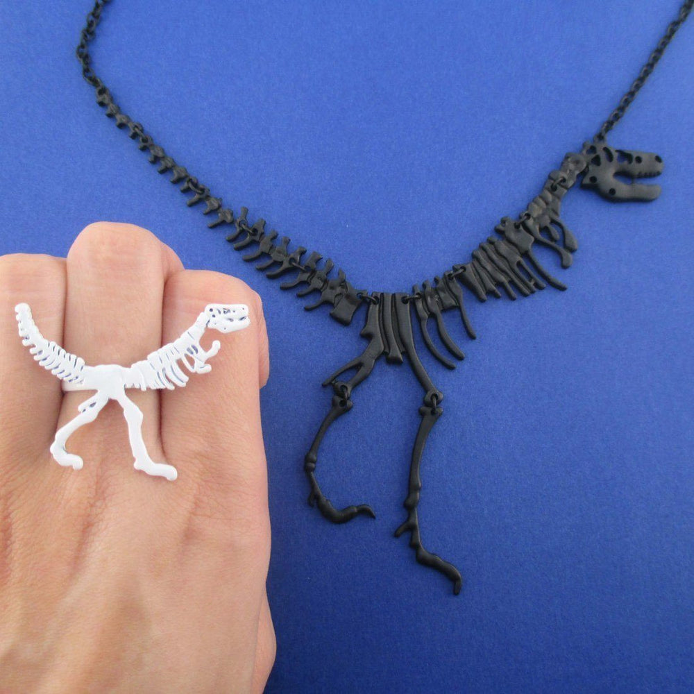 Dinosaur Themed T-Rex Fossil Ring and Skeleton Necklace 2 Piece Set