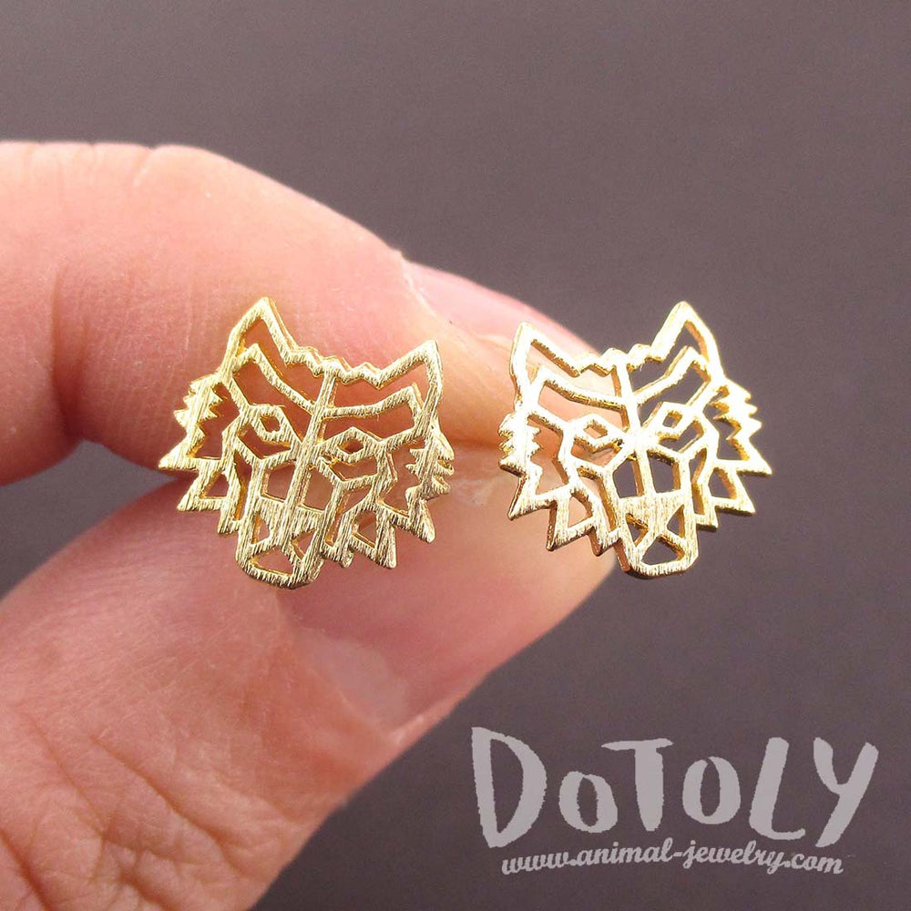 Direwolf Dye Cut Wolf Face Shaped Stud Earrings in Gold | DOTOLY