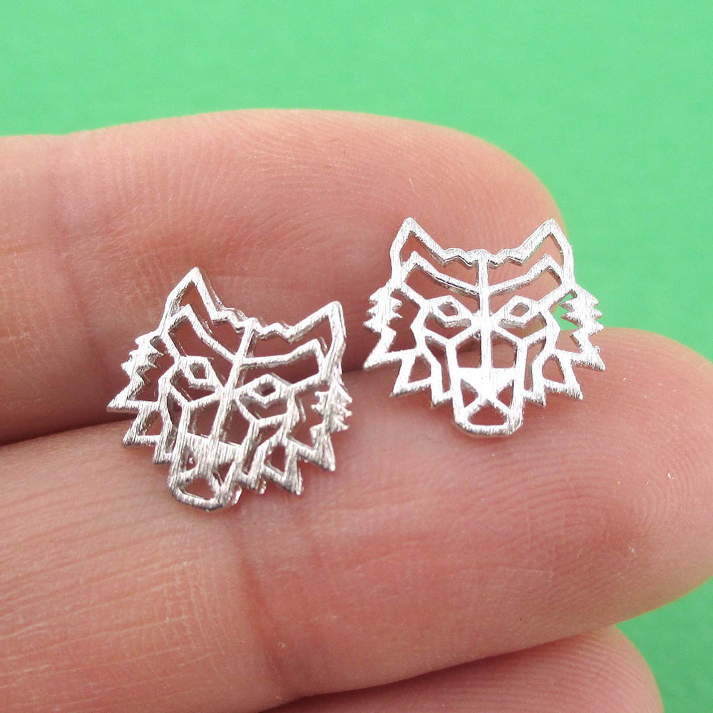 Direwolf Dye Cut Wolf Face Shaped Stud Earrings in Silver | DOTOLY