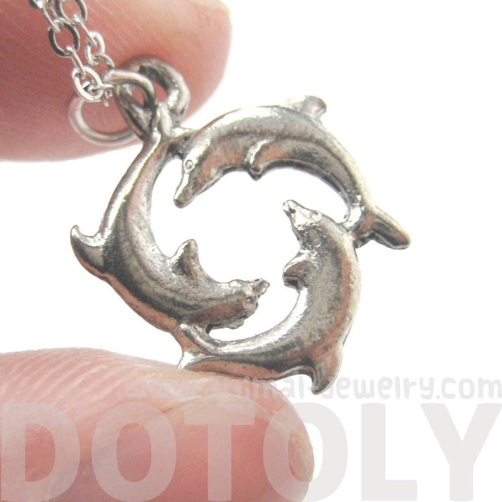 Dolphin Shaped Round Animal Charm Necklace in Silver | MADE IN USA