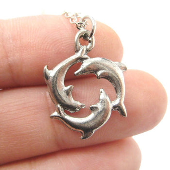 Dolphin Shaped Round Animal Charm Necklace in Silver | MADE IN USA