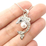 Silver Dolphin Shaped Rhinestone Pearl Pendant Necklace
