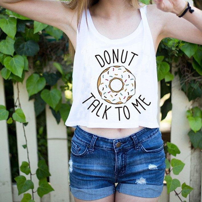 Donut Talk To Me Pun Joke Crop Top Tee in White | DOTOLY
