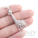 Dorky Giraffe Shaped Pendant Necklace in Silver with Rhinestones
