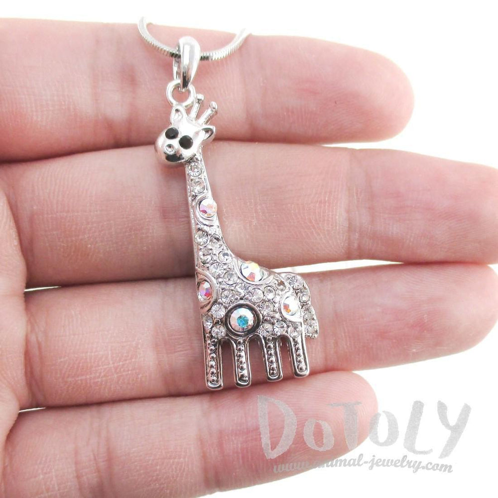 Dorky Giraffe Shaped Pendant Necklace in Silver with Rhinestones