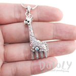 Dorky Giraffe Shaped Pendant Necklace in Silver with Rhinestones