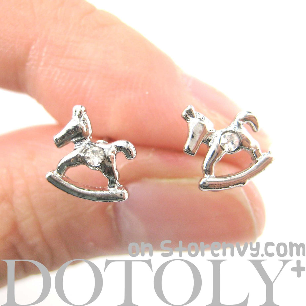 Small Rocking Horse Shaped Animal Stud Earrings in Silver | DOTOLY