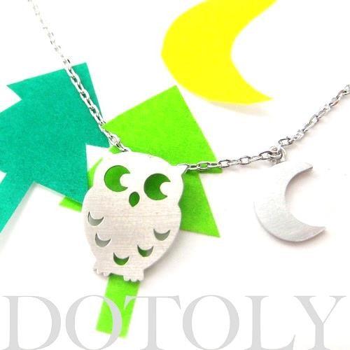 Owl Bird Crescent Moon Charm Necklace In Silver | Animal Jewelry | DOTOLY