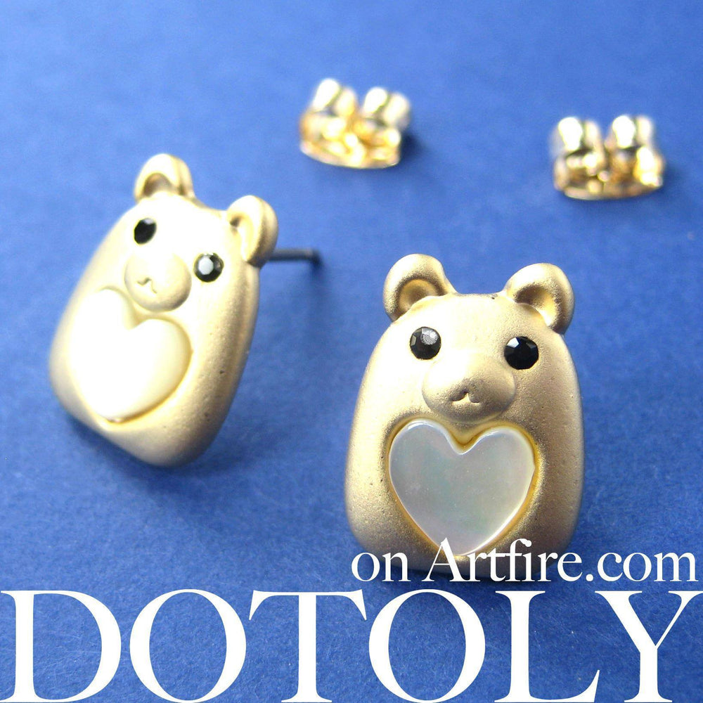 Teddy Bear Animal Stud Earrings in Gold with Hearts | ALLERGY FREE | DOTOLY