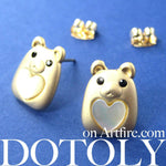 Teddy Bear Animal Stud Earrings in Gold with Hearts | ALLERGY FREE | DOTOLY