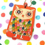 Owl Bird Animal Hand Drawn Pendant Necklace in Orange Ink on Wood | DOTOLY