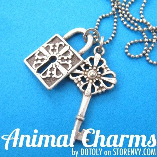 Lock and Key Pendant Necklace with Pattern Detail in Silver on SALE | DOTOLY