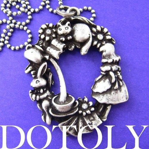 Alice in Wonderland Inspired Kitty Cat Bunny Rabbit and Teacup Necklace | DOTOLY