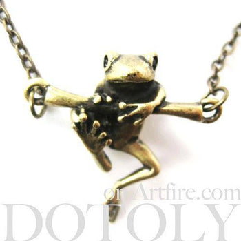 Baby Frog on a Branch Animal Charm Necklace in Bronze | Animal Jewelry | DOTOLY