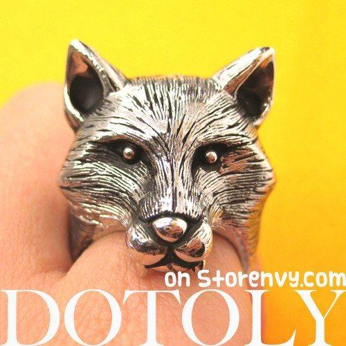 3D Adjustable Fox Werewolf Animal Ring in Shiny Silver with Fur Detail | DOTOLY
