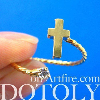 Adjustable Cross Shaped Wrap Around Ring in Gold with Rhinestones | DOTOLY