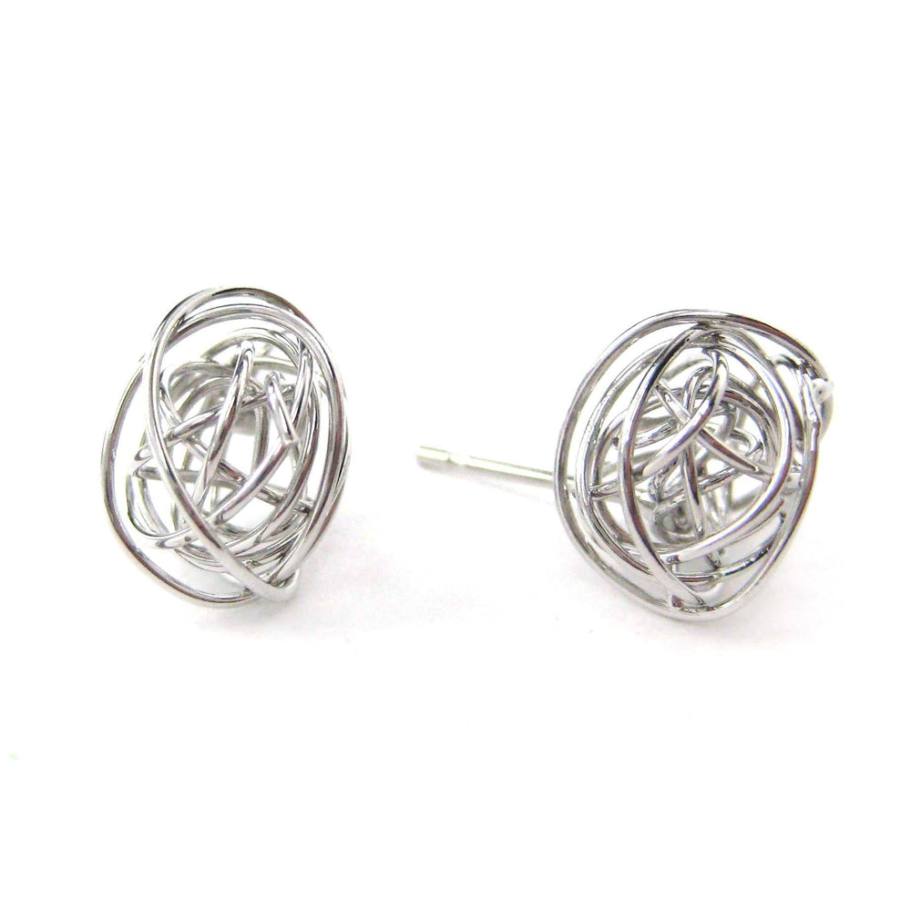 Unique 3D Round Wire Wrapped Stud Earrings in Silver | DOTOLY
