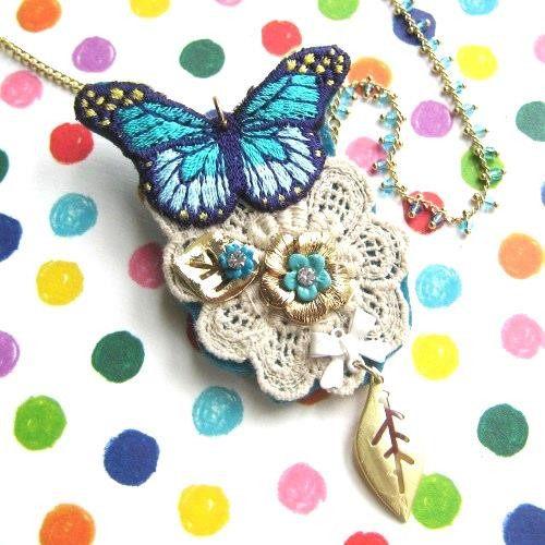 Butterfly Pendant and Brooch Necklace with Lace Detail in Shades of Blue | DOTOLY