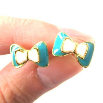 Bow Tie Knot Shaped Ribbon Stud Earrings in Turquoise on Gold | DOTOLY