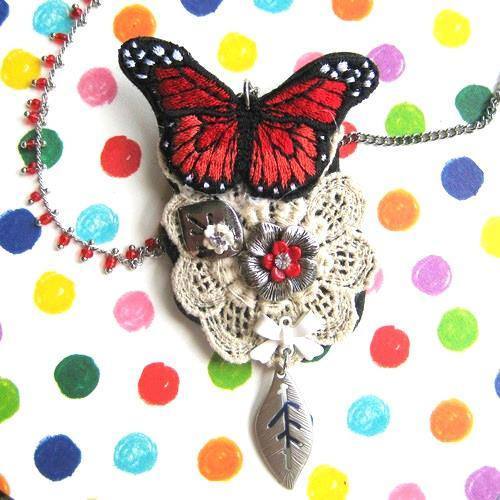 Butterfly Pendant and Brooch Necklace with Lace Detail in Shades of Red | DOTOLY