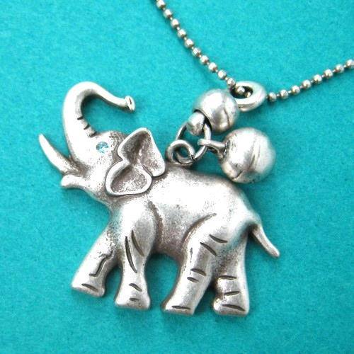 Baby Elephant Animal Pendant Necklace in Silver with Bell Charm | DOTOLY