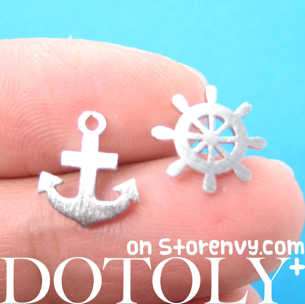 Anchor and Wheel Nautical Themed Stud Earrings with Sterling Silver Posts | DOTOLY