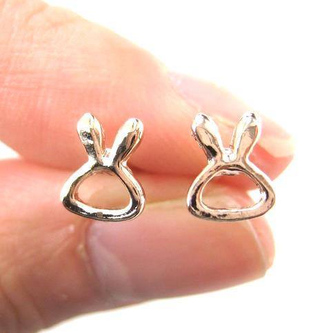 Tiny Bunny Rabbit Outline Animal Themed Stud Earrings in Rose Gold | DOTOLY
