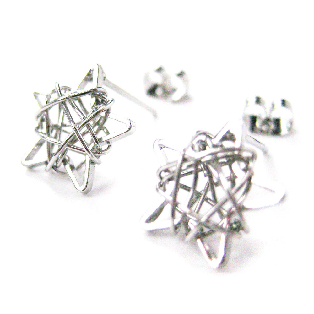 Unique 3D Star Shaped Wire Wrapped Stud Earrings in Silver | DOTOLY
