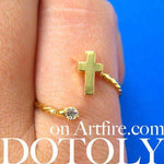 Adjustable Cross Shaped Wrap Around Ring in Gold with Rhinestones | DOTOLY