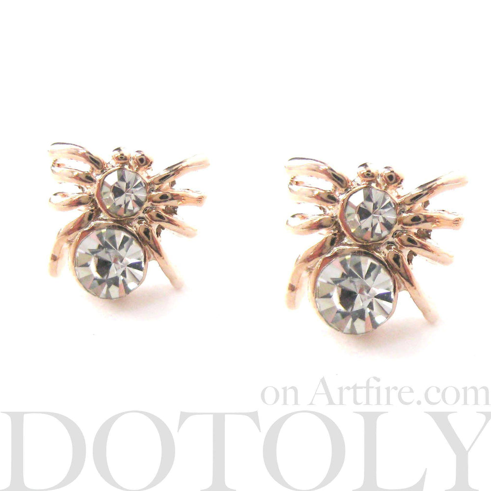 Tiny Tarantula Spider Shaped Stud Earrings in Rose Gold with Rhinestones | DOTOLY