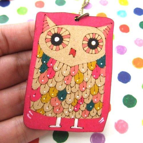 Owl Bird Animal Hand Drawn Pendant Necklace in Pink Ink on Wood | DOTOLY
