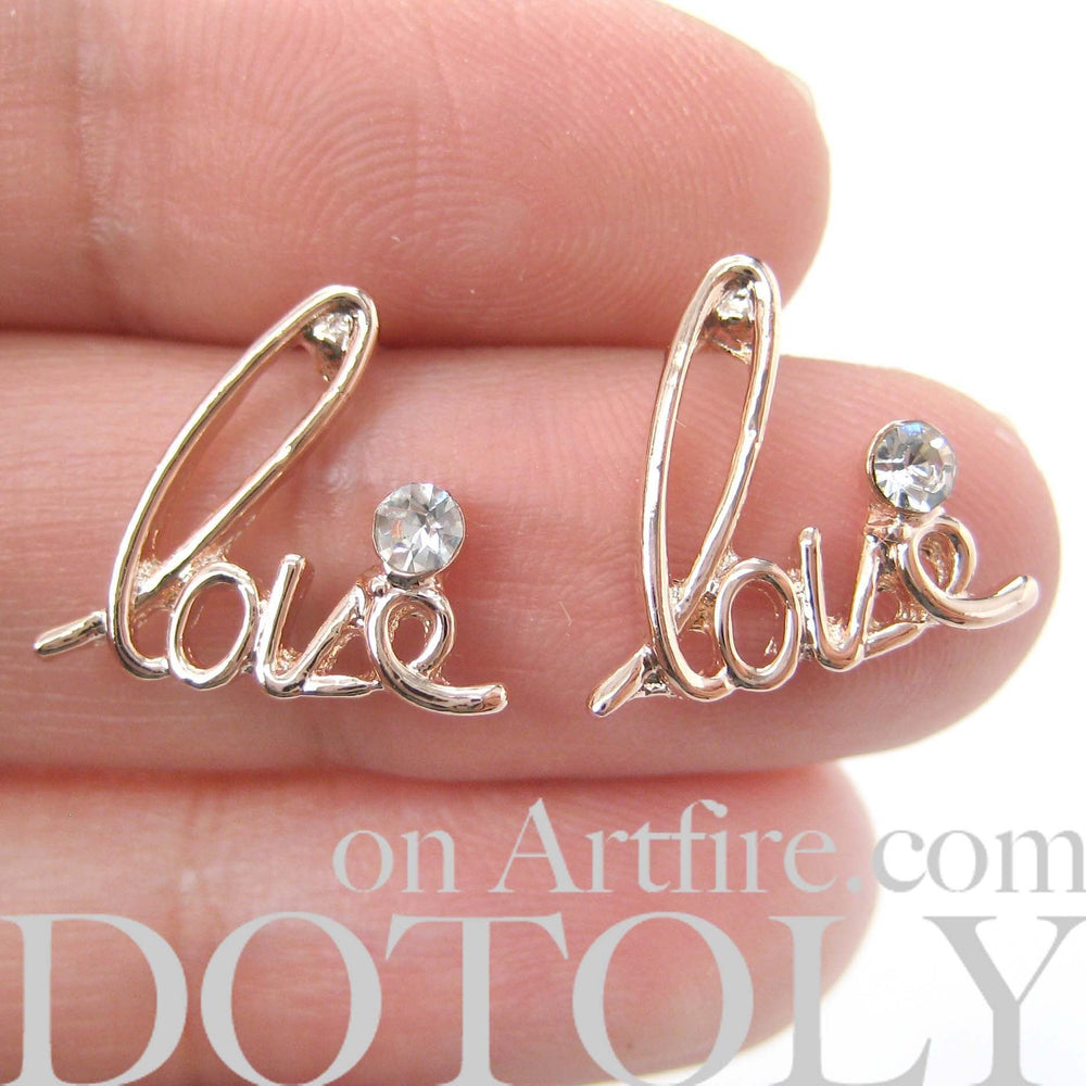 Love Cursive Stud Earrings in Rose Gold with Rhinestones | DOTOLY | DOTOLY