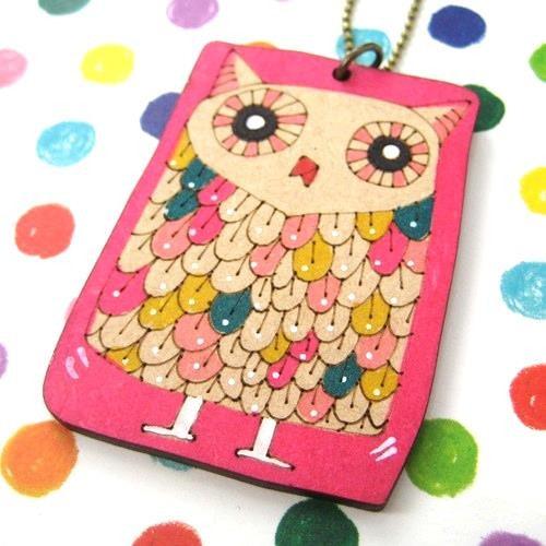 Owl Bird Animal Hand Drawn Pendant Necklace in Pink Ink on Wood | DOTOLY